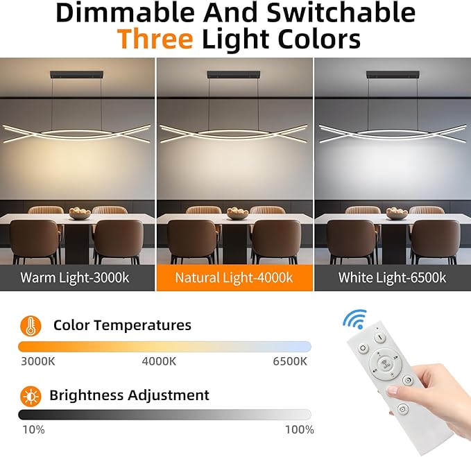 Modern Ceiling Chandelier Light, 47IN Pendant Light Fixtures with Remote Control 3000k-6500K Adjustable Color Temperature, Aluminum Island Lighting Lamp for Dining Room, Living Room, Island