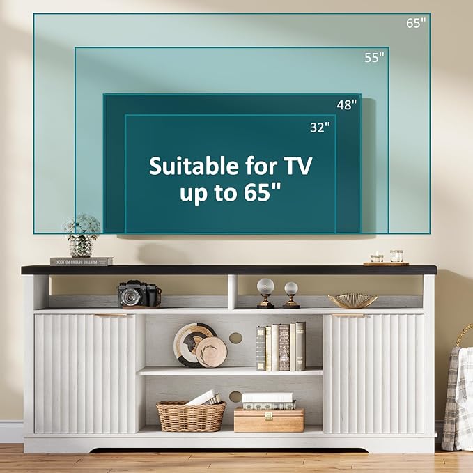 Modern TV Stand for TVs Up to 65 Inch, Fluted Entertainment Center with Storage Cabinet, TV Media Console Table with Adjustable Shelves for Living Room Bedroom, Black + White