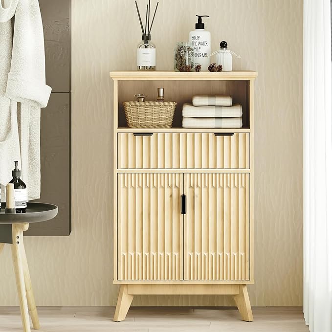 Fatmok Buffet Cabinet with Storage Set of 3, 40" Modern Fluted Coffee Bar Cabinet with Drawer & Open Shelf, Wood Buffet Sideboard Console Table for Entryway, Kitchen, Living Room (Natural Wood)