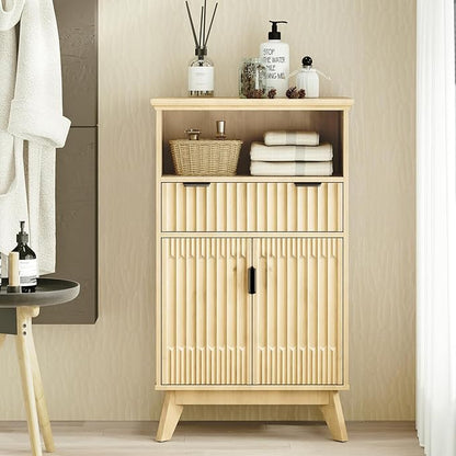 Fatmok Buffet Cabinet with Storage Set of 3, 40" Modern Fluted Coffee Bar Cabinet with Drawer & Open Shelf, Wood Buffet Sideboard Console Table for Entryway, Kitchen, Living Room (Natural Wood)