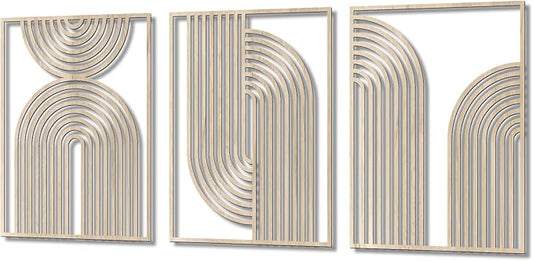 COLOR VALLEYART Set of 3 Modern Wood Wall Art Panels, Boho Geometric Design, 11.4 x 7 inches, Indoor Decor for Living Room, Office (11.8L''x15.7''Wx3Pcs)
