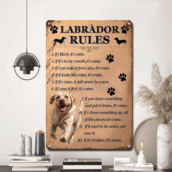 Metal Sign Tin Sign Vintage Wall Art Labrador Rules Home Decor for Restaurant 12×16 Inches