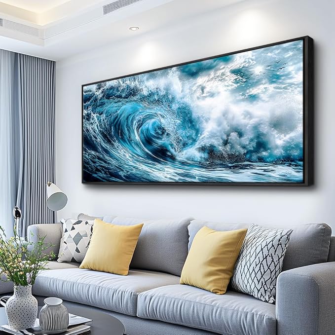 ERQINHUA Wall Art For Living Room Wall Decor For Bedroom Ocean Inspiration Pictures Blue Wave Canvas Printing Wall Paintings Office Mural Posters Modern Home Decor Aesthetics 32x72 In Black Framed