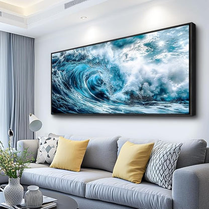 ERQINHUA Wall Art For Living Room Wall Decor For Bedroom Ocean Inspiration Pictures Blue Wave Canvas Printing Wall Paintings Office Mural Posters Modern Home Decor Aesthetics 32x72 In Black Framed