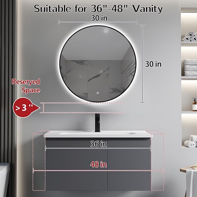 Niccy 30" LED Backlit Round Mirror for Bathroom, Black Framed Vanity Light Wall Mirror, LED Smart Circle Mirrors with 3 Lighting Colors, Round Lighted Mirror with Anti-Fog, IP65 Waterproof