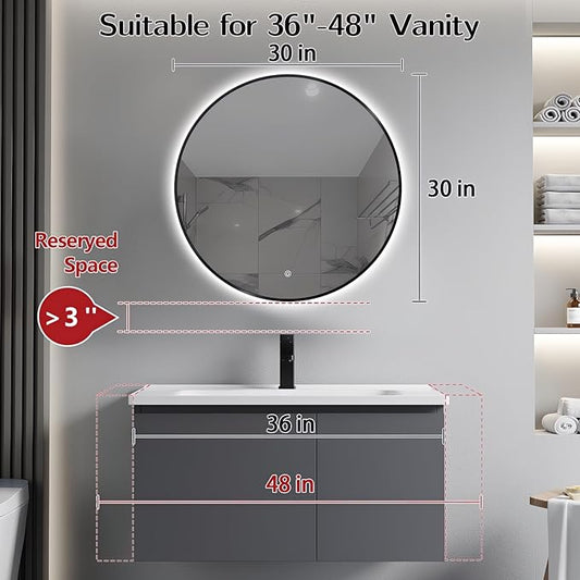 Niccy 30" LED Backlit Round Mirror for Bathroom, Black Framed Vanity Light Wall Mirror, LED Smart Circle Mirrors with 3 Lighting Colors, Round Lighted Mirror with Anti-Fog, IP65 Waterproof