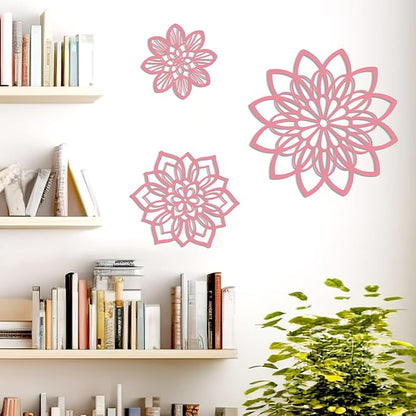 3 Pieces Metal Flowers Wall Decor, Black Wall Decoration Metal, Flower Art Wall Decor Farmhouse Wall Decorations Multiple Flowers Hanging Decor for Bathroom Living Room Home Kitchen Garden Office (Pink Elegant)