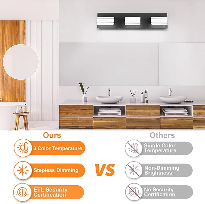 GOODATE 3 Color Temperature Dimmable Bathroom Light Fixtures Over Mirror, LED Black 3 Light Vanity Lighting Fixtures, Acrylic Stainless Steel Square Shade Vanity Lights for Bathroom, ETL Certificated