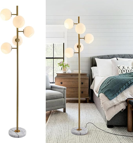 BOKT Gold Mid Century Modern Floor Lamp 5-Lights Glass Globe Floor Lamp Antique Brass Floor Lamps Contemporary Tall Free Standing Reading Lamp for Bedroom Living Room