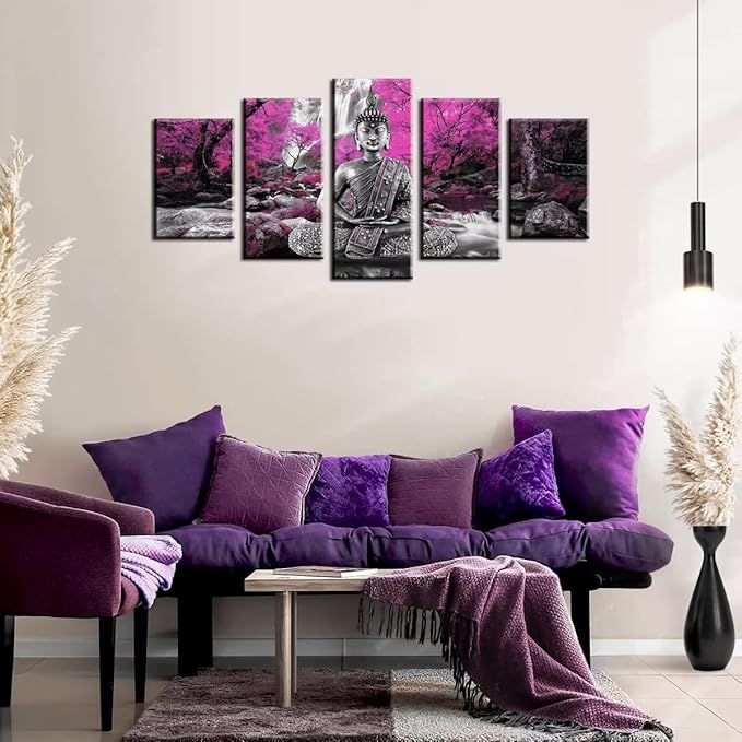 AWLXPHY Decor Buddha Waterfall Wall Art Canvas Painting Framed 5 Panels for Living Room Decoration Modern Landscape Buddha Trees Zen Stretched Artwork Giclee (Purple, 40"x20")
