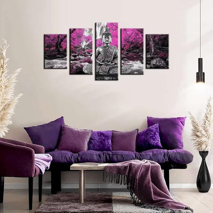 AWLXPHY Decor Buddha Waterfall Wall Art Canvas Painting Framed 5 Panels for Living Room Decoration Modern Landscape Buddha Trees Zen Stretched Artwork Giclee (Purple, 40"x20")