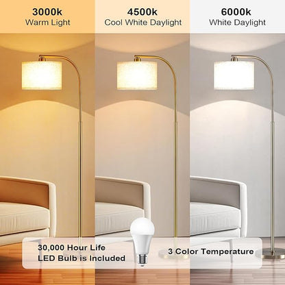Gold Floor Lamp for Living Room,65'' Modern Standing Lamps with LED Bulb,Elegant Floor Light with Fabric Shade,Tall Lamp for Bedroom Office Study Room Corner Dining Room（Remote not Include）
