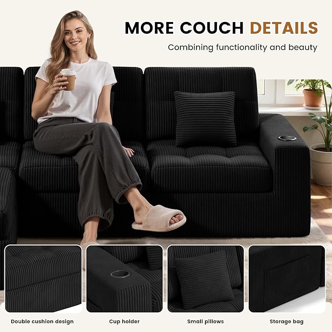 112" L Shaped Cloud Boneless Couch,Modern Modular Sectional Sofa with Layered Cushion,No Assembly Convertible Corduroy Couches for Living Room,Black 1 PCS