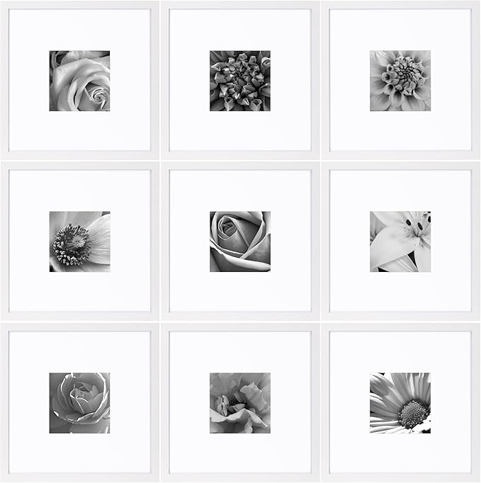 eletecpro 18x18 Picture Frames Set of 9, Classic Gallery Wall Frame Set for 8x8 Photos with Mat or 18x18 without Mat, Storyline Picture Frame for Art Prints, White Poster Frames for Home Decor Wall
