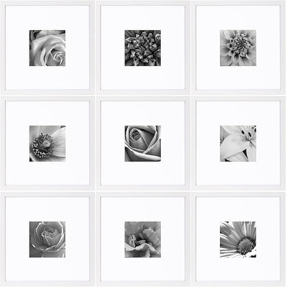 eletecpro 18x18 Picture Frames Set of 9, Classic Gallery Wall Frame Set for 8x8 Photos with Mat or 18x18 without Mat, Storyline Picture Frame for Art Prints, White Poster Frames for Home Decor Wall