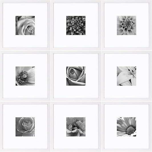 eletecpro 18x18 Picture Frames Set of 9, Classic Gallery Wall Frame Set for 8x8 Photos with Mat or 18x18 without Mat, Storyline Picture Frame for Art Prints, White Poster Frames for Home Decor Wall