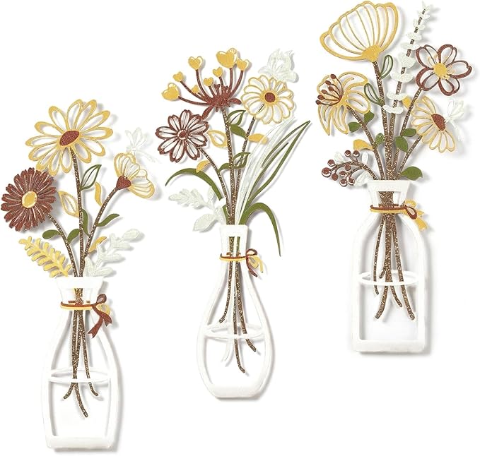 Zcblcyj 3 Pieces Metal Flowers Wall Art Set Handcrafted Floral Metal Wall Decor with Textured Finish, Elegant Iron Flower Wall Art for Living Room, Bedroom, Bathroom Decoration (Yellow&Brown-White)