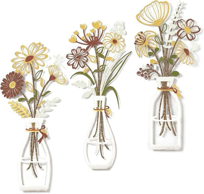 Zcblcyj 3 Pieces Metal Flowers Wall Art Set Handcrafted Floral Metal Wall Decor with Textured Finish, Elegant Iron Flower Wall Art for Living Room, Bedroom, Bathroom Decoration (Yellow&Brown-White)