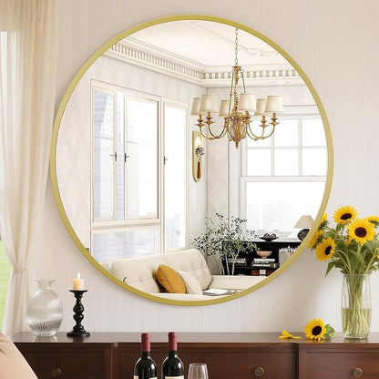 Sweetcrispy 30 Inch Round Wall Mirror with Tempered Glass, Bathroom Mirror Over Sink, Anti-Fog & Waterproof Round Mirror for Bathroom, Entryway, Bedroom, Shatterproof Design, Gold
