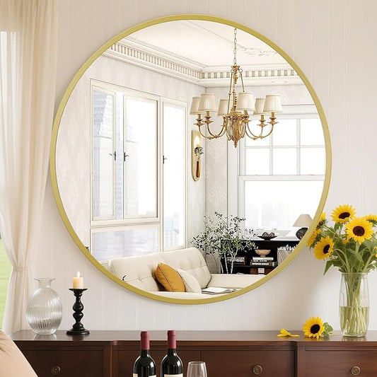 Sweetcrispy 30 Inch Round Wall Mirror with Tempered Glass, Bathroom Mirror Over Sink, Anti-Fog & Waterproof Round Mirror for Bathroom, Entryway, Bedroom, Shatterproof Design, Gold
