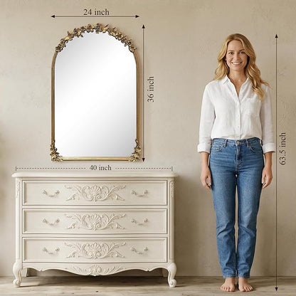 Antique Baroque Vintage Vanity Mirror 36x23Inch, Gold with Ornate Antique Frame, Arched Vintage Wall Mirror for Living Room, Fireplace, Entryway (Golden (Arched 4), 36"L x 23"W（Vertical ）)