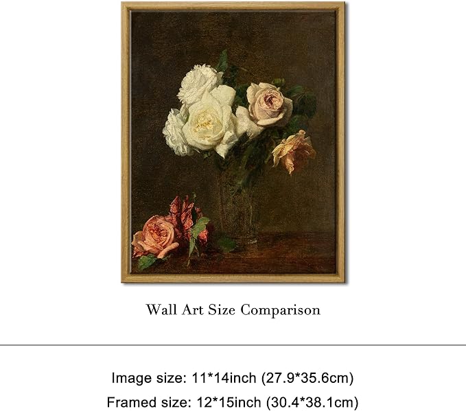 Pyradecor Vintage Retro Framed Wall Art Roses Paintings Pictures Canvas Prints Mid Century Bathroom Decor for Living Room Office Farmhouse Decorations