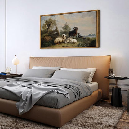 Farmhouse Sheep Framed Canvas Wall Art Vintage French Country Nature Landscape Wall Decor Countryside Meadow Flock of Sheep Animal Poster Prints Artwork for Kitchen Bedroom Home Decoration 30x57.8