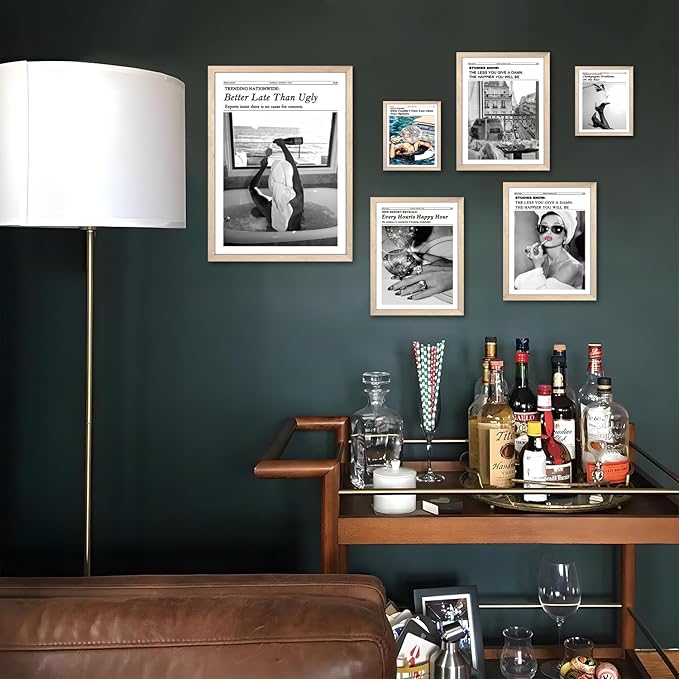 Framed Newspaper Wall Art, Champagne Problems Poster Black and White Vintage Aesthetic Canvas Print Picture, Fashion Glam High Heels Cocktail Glass Wall Decor for Bar Apartment Girls Room 12x16 inch