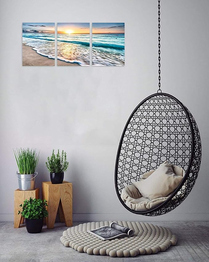 TutuBeer 3 Panel Beach Canvas Wall Art for Home Decor Blue Sea Sunset White Beach Painting the Picture Print on Canvas Seascape the Pictures for Home Decor Decoration,Ready to Hang