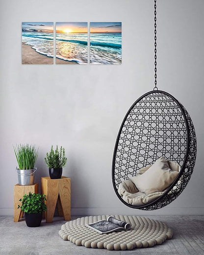 TutuBeer 3 Panel Beach Canvas Wall Art for Home Decor Blue Sea Sunset White Beach Painting the Picture Print on Canvas Seascape the Pictures for Home Decor Decoration,Ready to Hang