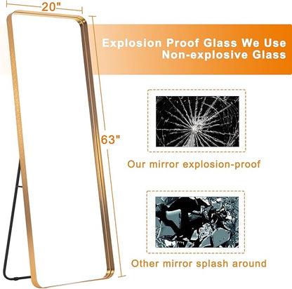 NeuType Full Length Mirror, 63"x20" Floor Mirror Full Body Dressing Mirror Round Corner, Hanging or Leaning Against Wall Large Rectangle Wall Mounted Deep Set Aluminum Alloy Frame for Bedroom, Gold