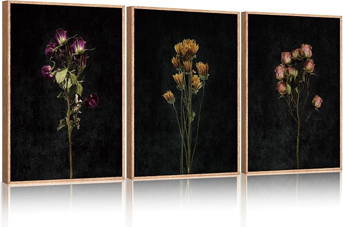 KAIRNE Dark Moody flower Framed Canvas Wall Art Set, Minimalist Black Wildflower Wall Decor, Vintage Botanical Floral Wall Painting, Nature Plant Art Prints for Living Room,Bedroom,Office-24 x36 x3