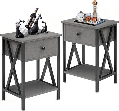 VECELO Night Stand Set of 2, End Tables with Drawer, 2-Tier Bedside Tables with X Shaped, Side Table Stand with Storage Shelf for Living Room/Bedroom,Dark Gray