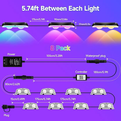 AHAWILL Outdoor Fence Lights,7 Fixed Colors & Color Changing Modes,IP67 Smart Fence Lighting with Remote Control,App Control,LED Light for Outdoor Decor,Wired 8 Packs (50ft)