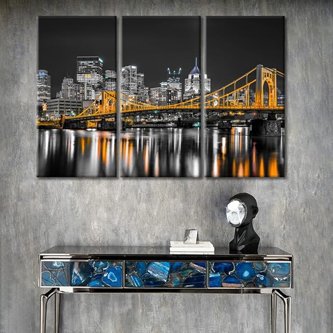 TUMOVO 3 Piece Pittsburgh Nighttime Lightscape Canvas Wall Art American Skyscrapers Cityscape Wall Decor Living Room Nighttime Lightscape Wall Decor for Bedroom Framed Ready to Hang (36" Wx24 H)