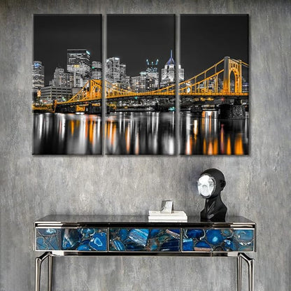 TUMOVO 3 Piece Pittsburgh Nighttime Lightscape Canvas Wall Art American Skyscrapers Cityscape Wall Decor Living Room Nighttime Lightscape Wall Decor for Bedroom Framed Ready to Hang (36" Wx24 H)