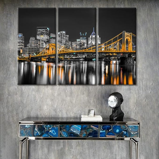 TUMOVO 3 Piece Pittsburgh Nighttime Lightscape Canvas Wall Art American Skyscrapers Cityscape Wall Decor Living Room Nighttime Lightscape Wall Decor for Bedroom Framed Ready to Hang (36" Wx24 H)