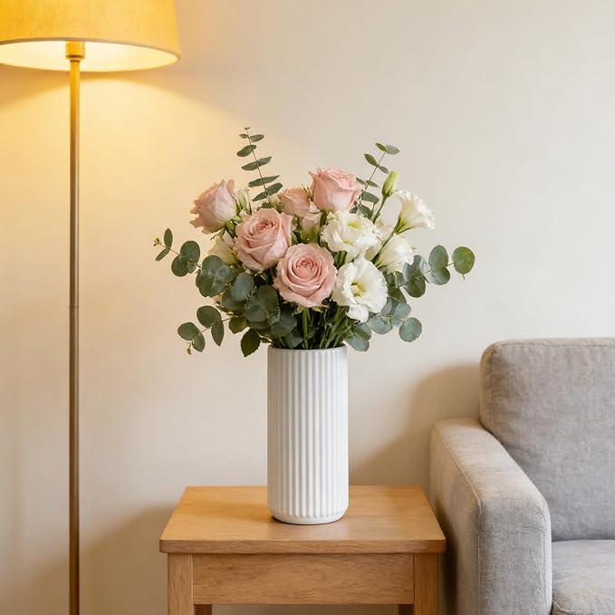 TIMEFOTO White Ceramic Flower Vase for Pampas Grass, 6 inch Small Decorative Centerpiece Ribbed Vase for Dining Table, Office Desktop, Shelf Bookshelf, Mantel, Bathroom, Countertop, Farmhouse, Gift
