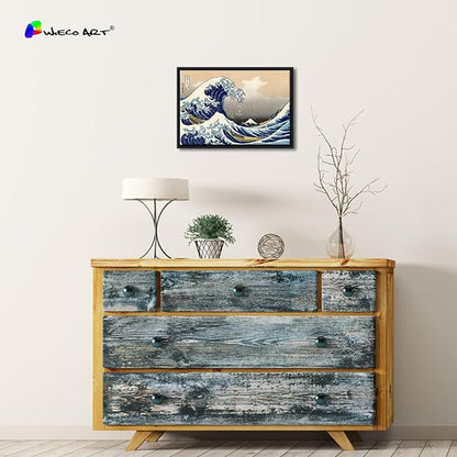 Wieco Art Framed Wall Art Canvas Prints Ocean Beach Picture Paintings for Home Office Decorations Wall Decor Great Wave of Kanagawa Katsushika Hokusai Modern Landscape Sea Artwork