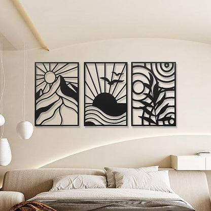 AMAATE Black Metal Wall Art, 3 Pieces Minimalist Geometric Wall Decor, Modern Abstract Line Art Sculpture for Living Room Bedroom Office, Boho Home Decor with Mountain, Sunset, Plant Design 11" X 14.6" in