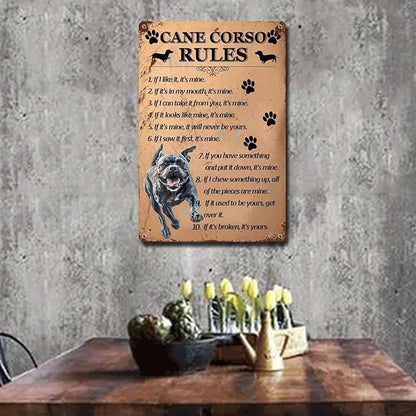 Metal Sign Tin Sign Vintage Wall Art Cano Corso Rules Garden Tin Signs for Restaurant 8×12 Inches