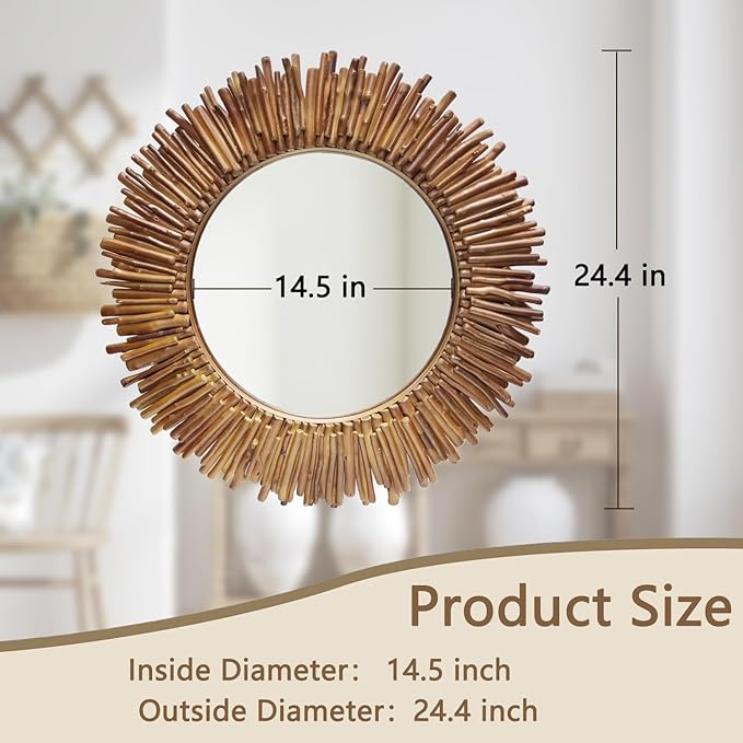 24 Inch Round Wall Mirror, Bohemian Sunburst Wall Mirror with Natural Wooden Stick Frame, Rustic Farmhouse Circle Decor Mirror for Bathroom, Bedroom, Living Room, Entryway Wall Art Decorative