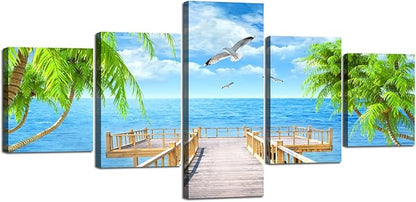 Landscape Seagulls Palm Scene Picture Modern Painting on Canvas 5 Panels Framed Wall Art for Living Room Bedroom Kitchen Home Decor Stretched Gallery Canvas Wrap Giclee Print (50’’W x 24’’H)