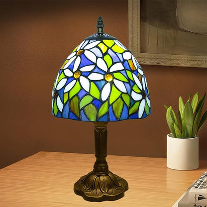 Tiffany Style Table Lamp, 3 Color Temperatures Bedside Lamp, 8 Inch Stained Glass Desk Light for Home Office Bedroom Living Room (White Petal Pattern)