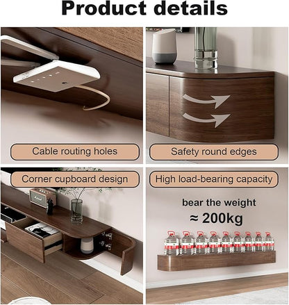 Floating TV Stand 95 Inch Wall Mounted TV Cabinet with LED Light Strip, TV Media Console with Flip-Down Door & Drawers for Living Room (Walnut, Light Strip 94.5")