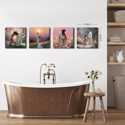 4 Piece Christian Canvas Wall Art Jesus Wall Decor Jesus Embracing Girls Pictures Canvas Prints Pink Women Bedroom Decor Sunset Landscape Posters Prayer Religious Artwork Living Room Decoration 12x12”
