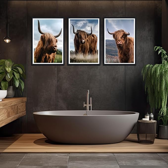 Funny Highland Cow Framed Canvas Wall Art 3 Pieces Highland Cow Portrait Wall Decor for Country Apartment Living Room Bedroom Rustic Vintage Animals Artwork Decoration Easy to Hand 24x36inchx3pcs