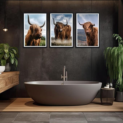 Funny Highland Cow Framed Canvas Wall Art 3 Pieces Highland Cow Portrait Wall Decor for Country Apartment Living Room Bedroom Rustic Vintage Animals Artwork Decoration Easy to Hand 24x36inchx3pcs