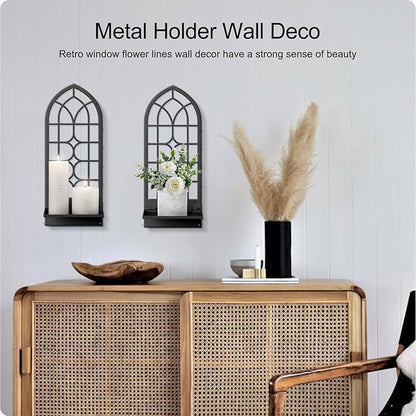 Wall Sconces Candle, Black Metal Wall Art Decor, Retro Line Wall Candle Holder for Living Room, Dining Room, Bedroom, Bathroom (16.5 x 7 in)