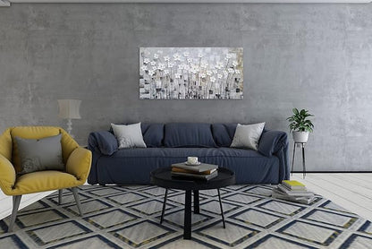 YHSKY ARTS Flower Picture Wall Decor with Heavy Textured Modern Grey and White 3D Paintings Contemporary Aesthetic Artwork for Living Room Bedroom Bathroom Decor